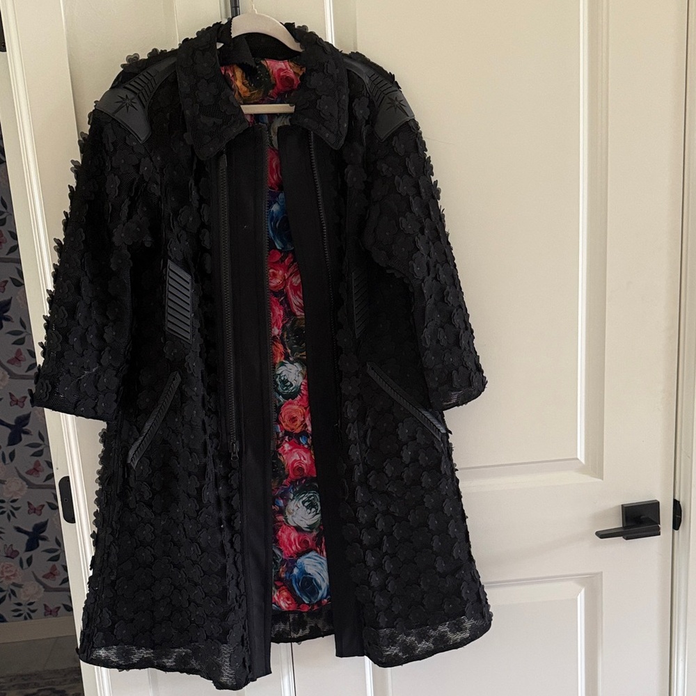 Byron Lars 10 Black Laser Cut Coat with Floral Interior